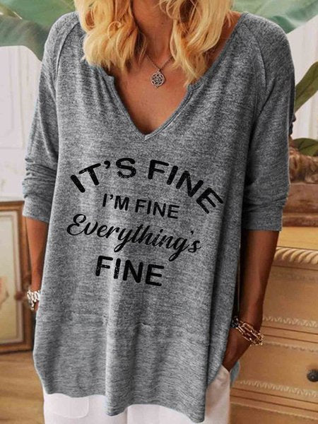 Loose V Neck Long Sleeve Text Letters Fashion Regular T-Shirt