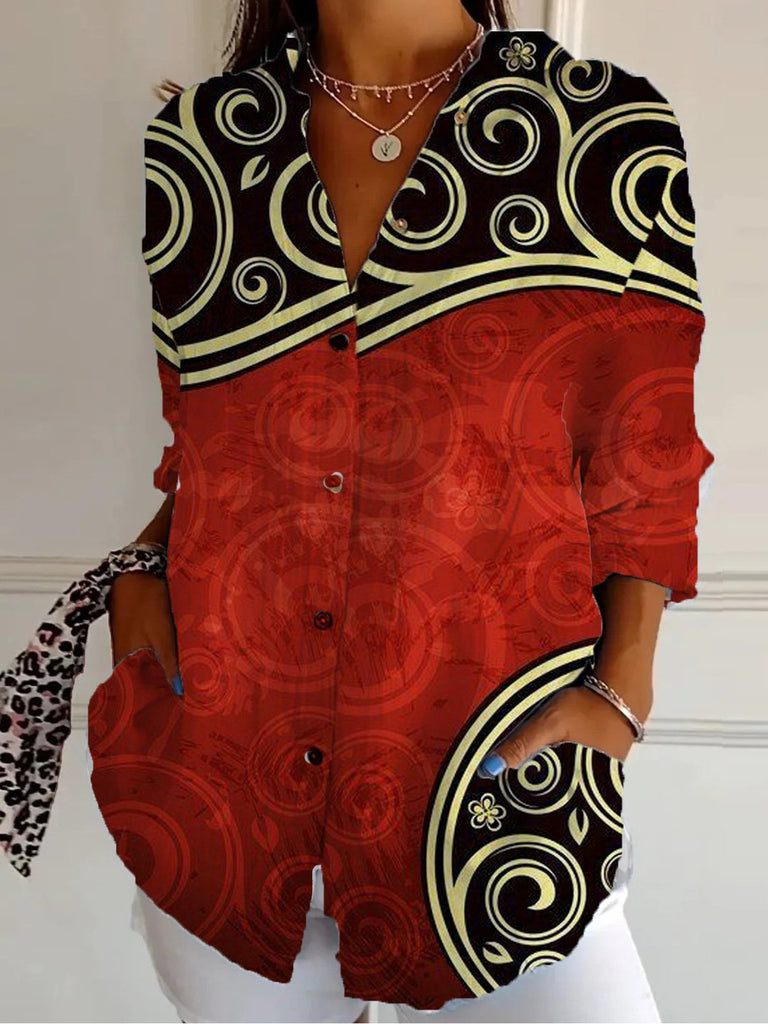 Loose Long Sleeve Shirt Collar Ethnic Floral Fashion Regular Shirt
