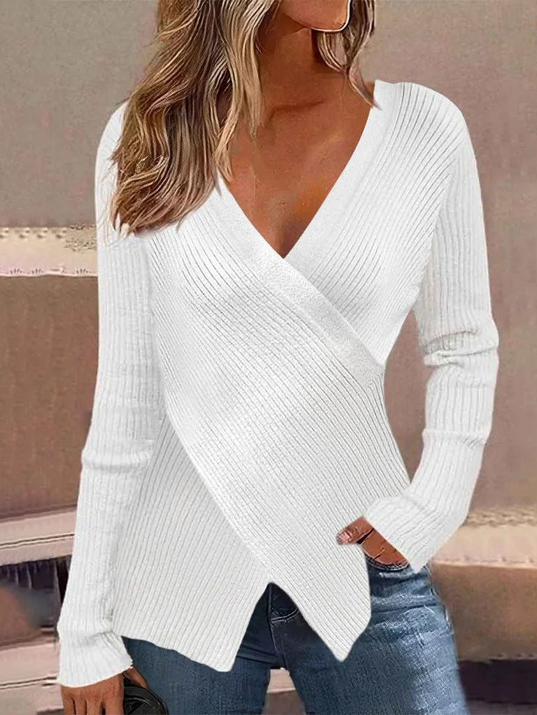 Fashion Long Sleeve Cross Neck Plain Cross Regular Sweater