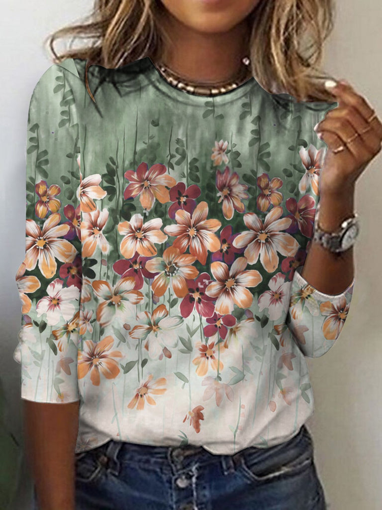 Fashion Crew Neck Long Sleeve Floral Pattern Loose Regular T-Shirt