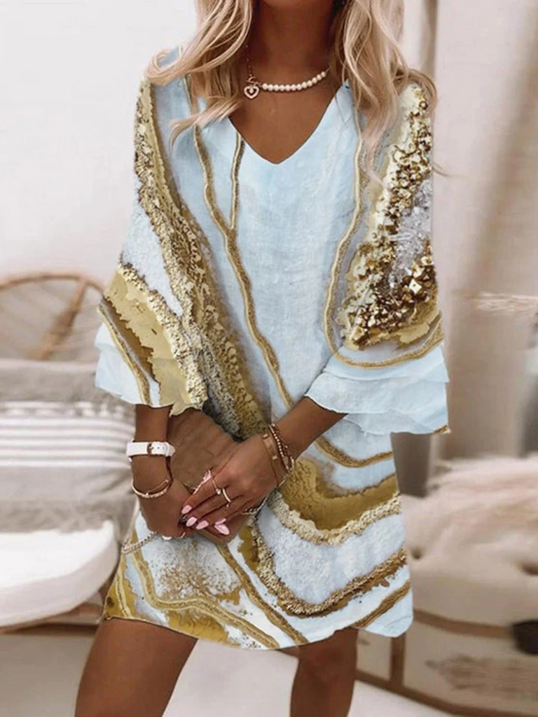Fashion 3/4 Sleeve V Neck Random Print Midi Dress