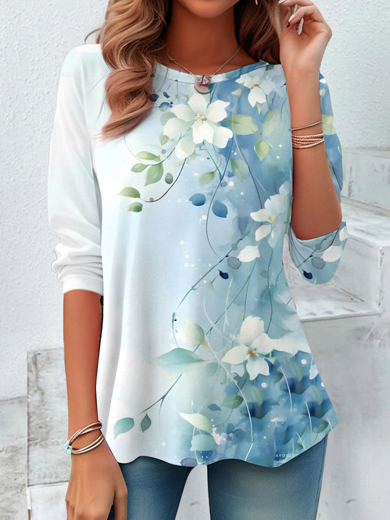 Loose Crew Neck Long Sleeve Floral Vintage Regular Blouse