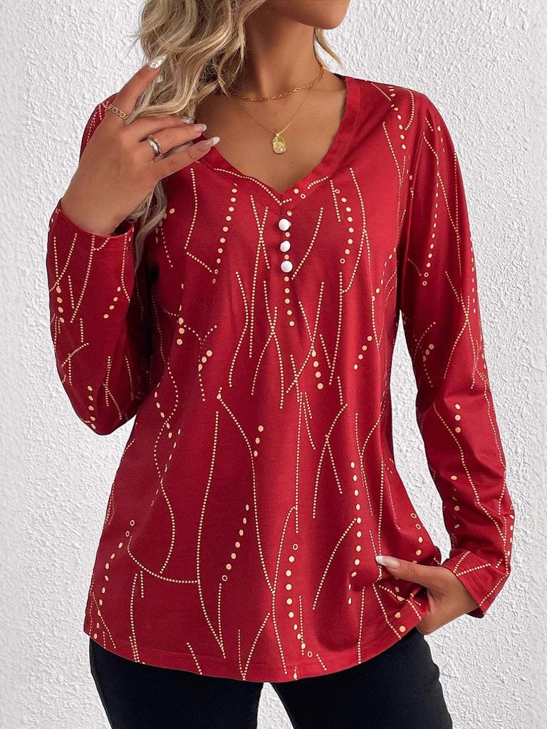 Fashion V Neck Long Sleeve Geometric Casual Regular T-Shirt