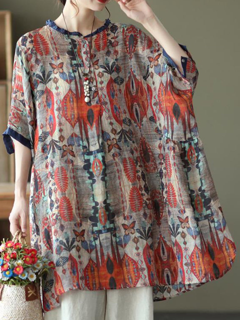 Fashion Half Sleeve Crew Neck Botanical Pattern Loose Regular Blouses
