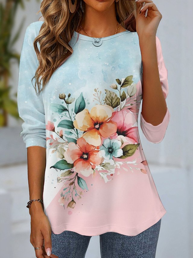 Casual Crew Neck Long Sleeve Floral Fashion Regular T-Shirt