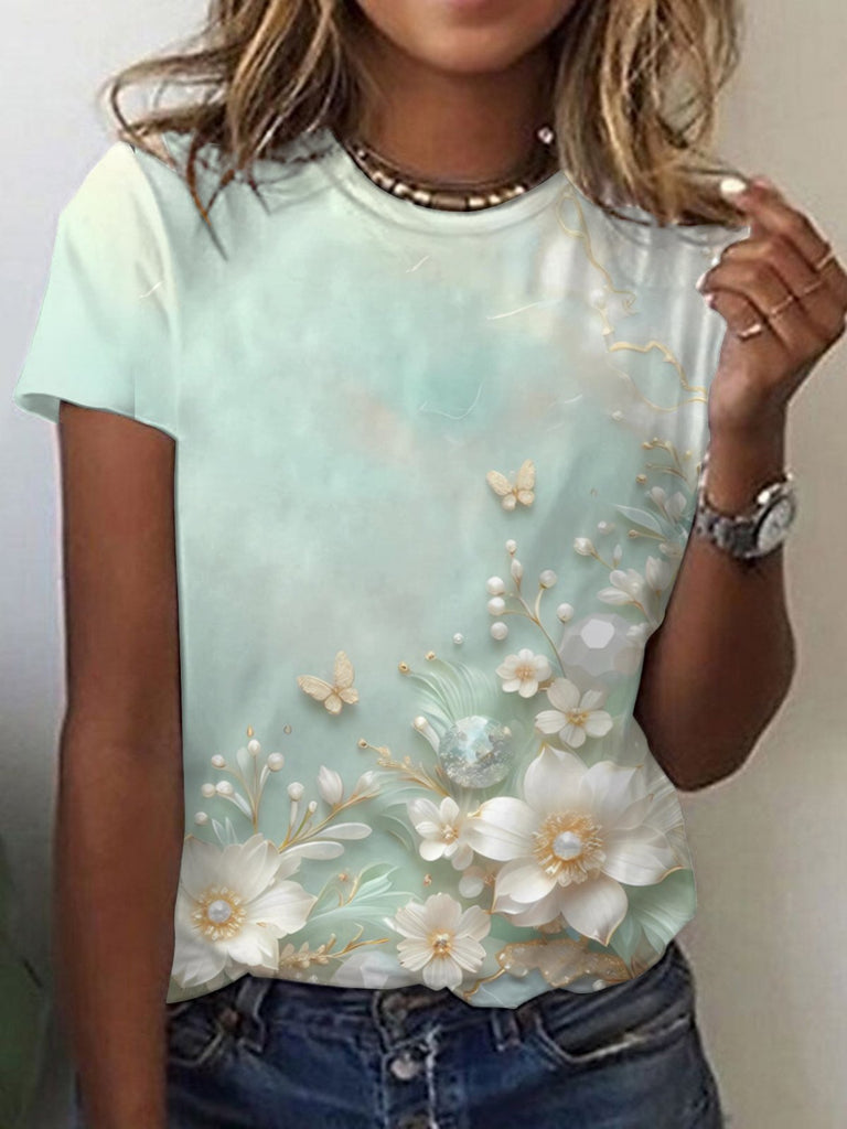 Fashion V Neck Long Sleeve Floral Casual Regular T-Shirt