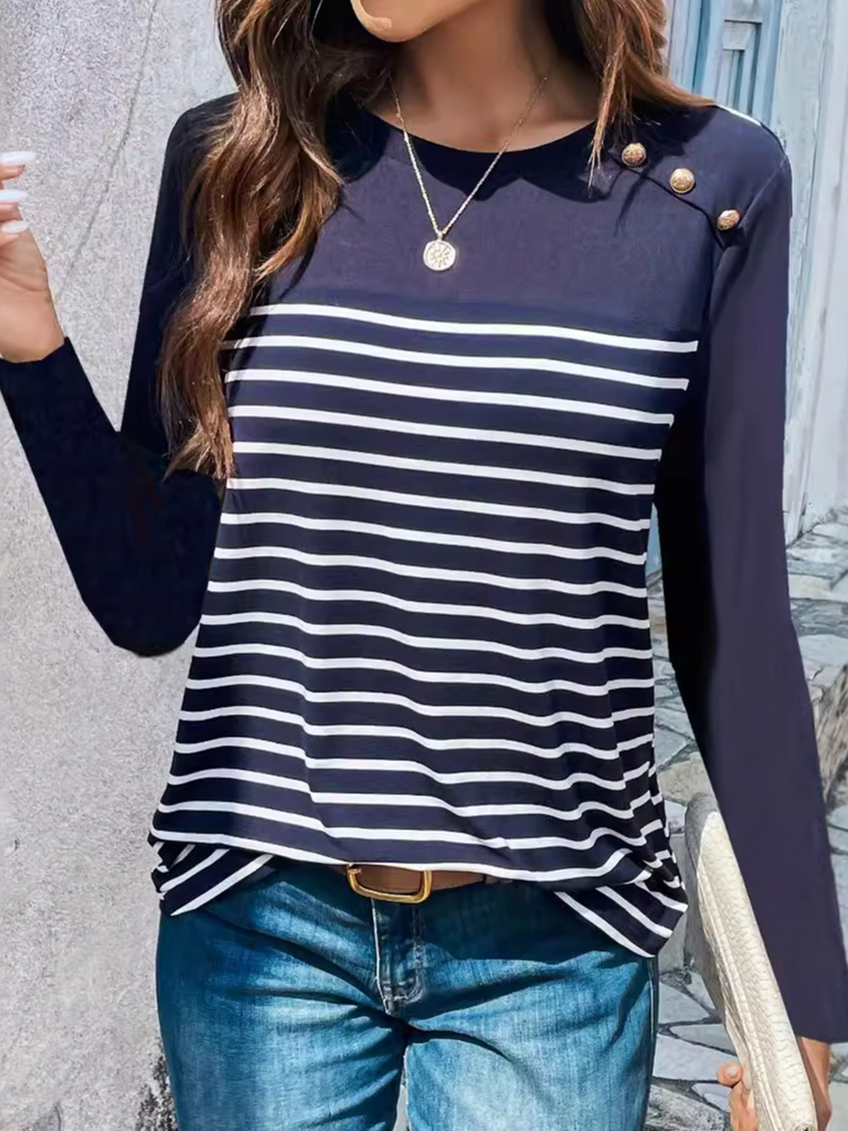 Fashion Crew Neck Long Sleeve Striped Loose Regular T-Shirt