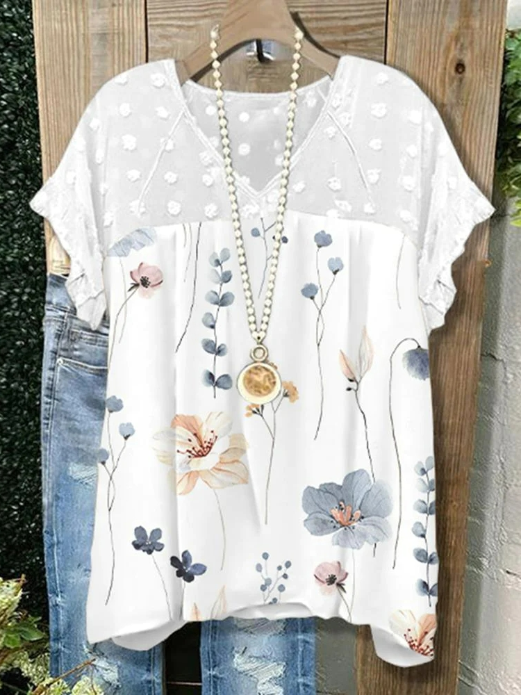 Fashion V Neck Short Sleeve Floral Loose Regular Blouse