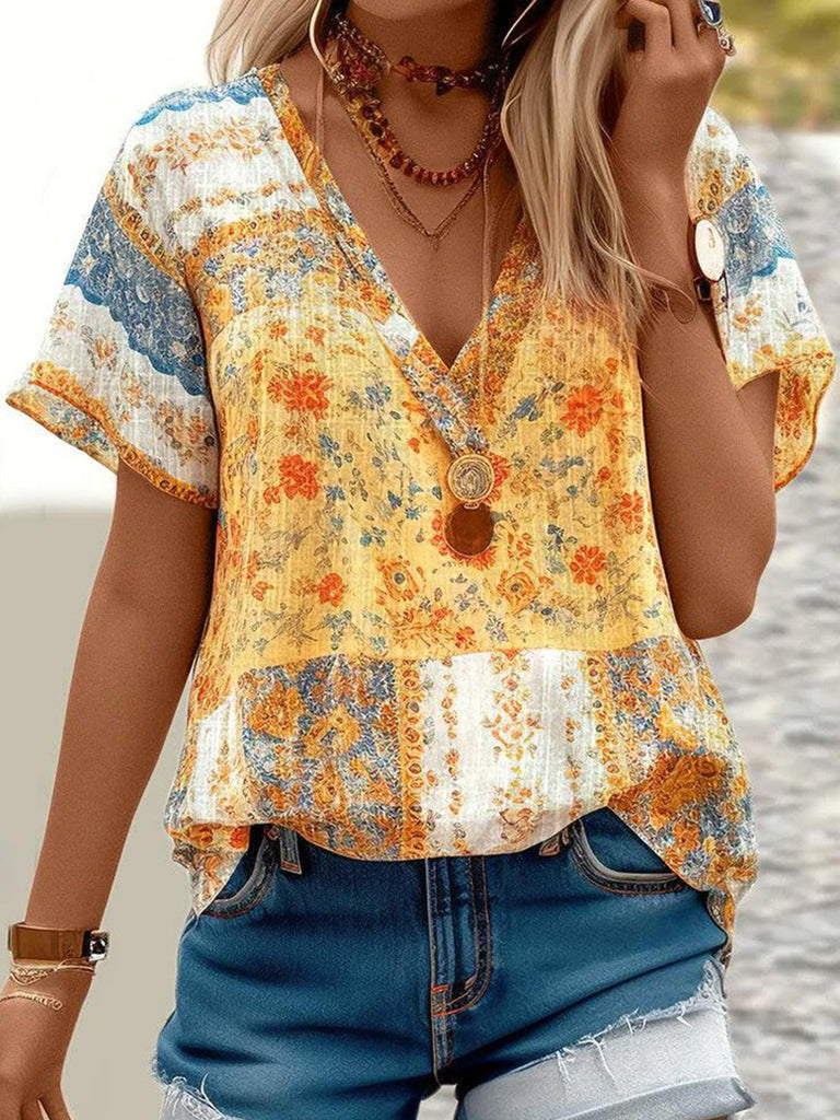 Vacation V Neck Short Sleeve Ethnic Floral Loose Regular Blouse