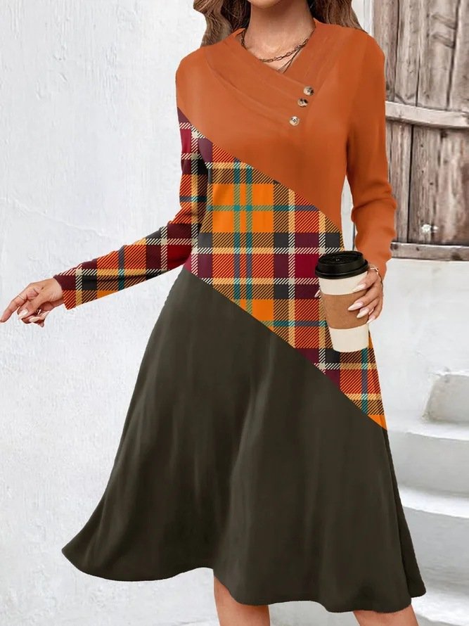 Fashion Long Sleeve Color Block Lace Midi Dress