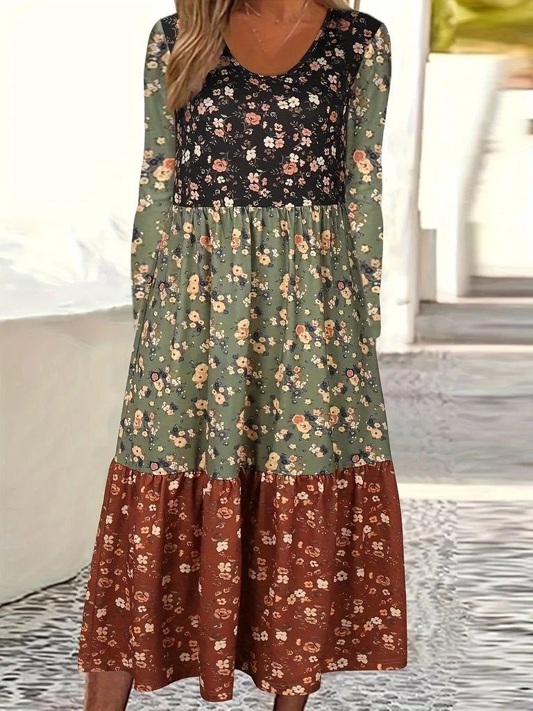 Fashion Crew Neck Long Sleeve Floral Midi Dress