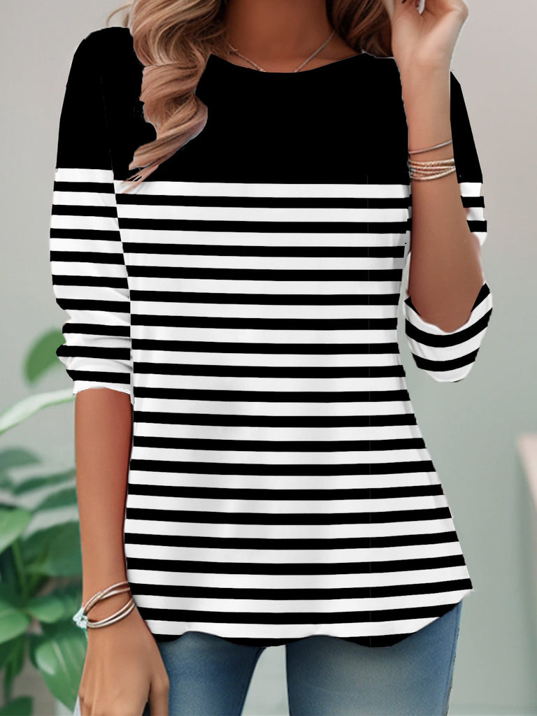 Fashion Crew Neck Long Sleeve Striped Loose Regular Blouses