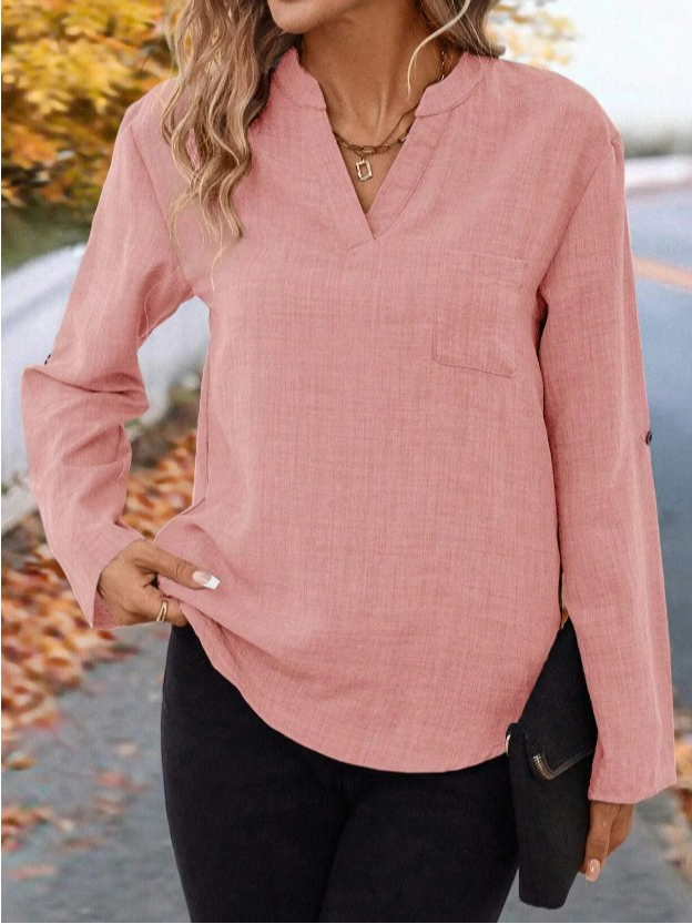 Fashion Long Sleeve Notched Plain Regular Blouse