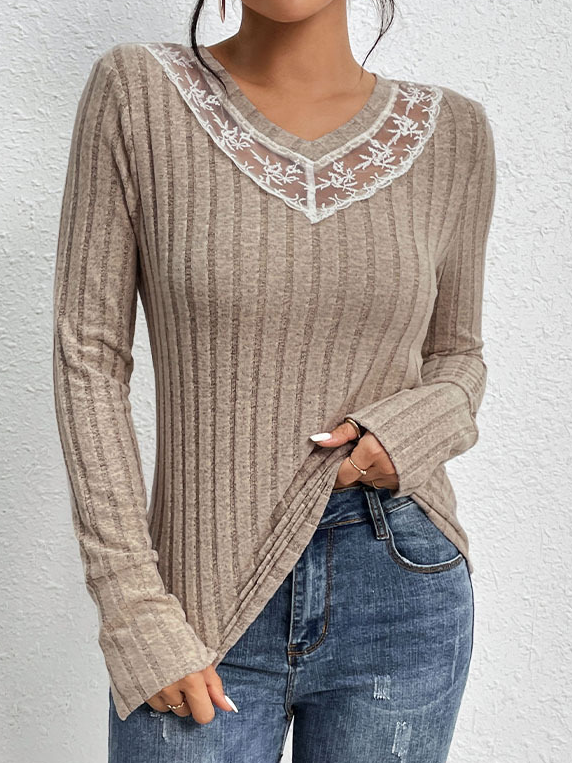 Fashion V Neck Long Sleeve Plain Loose Regular Blouse