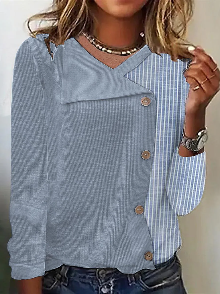 Fashion Long Sleeve Shawl Collar Striped Loose Regular T-Shirt