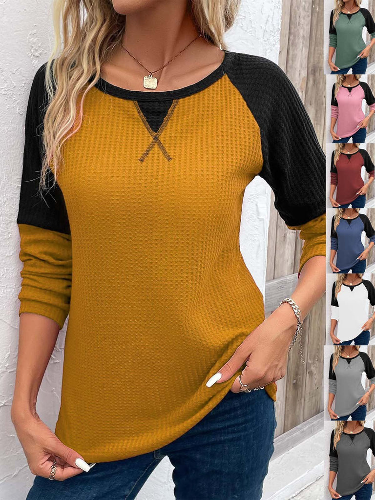 Loose Crew Neck Long Sleeve Color Block Fashion Regular Blouses