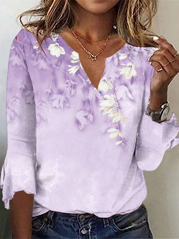 Fashion 3/4 Sleeve Notched Floral Casual Regular T-Shirt