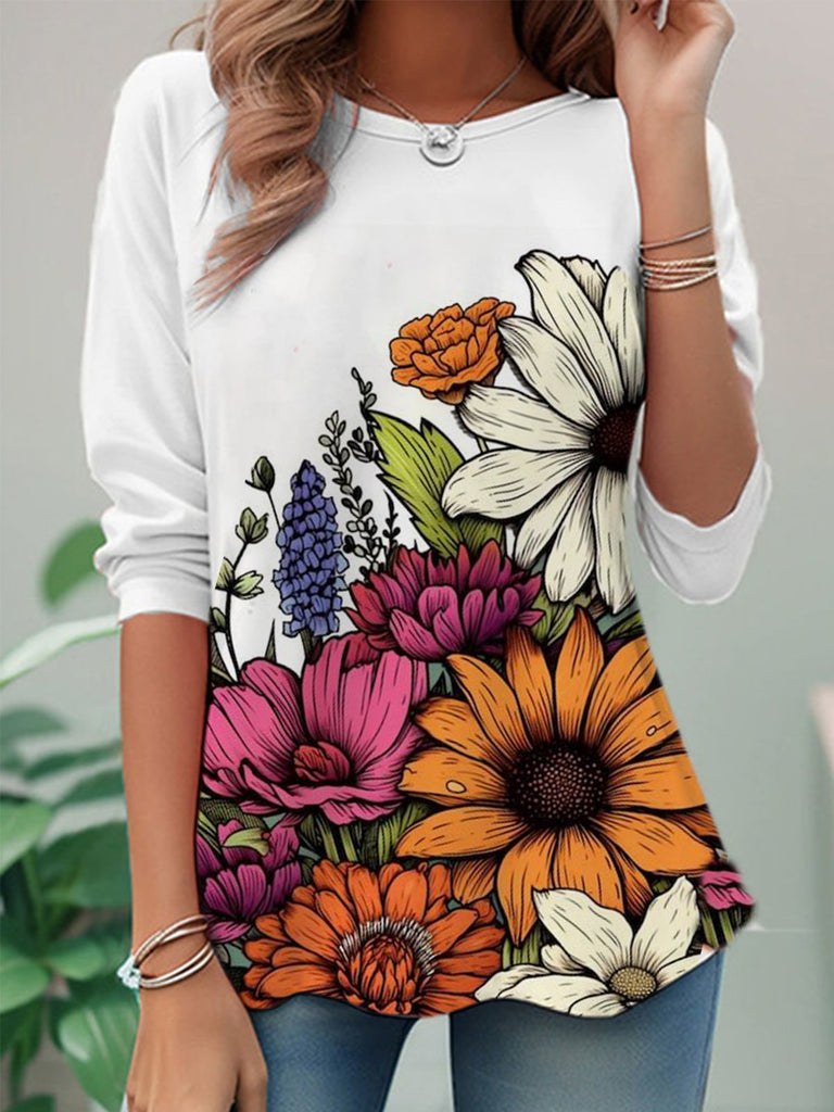 Fashion Crew Neck Long Sleeve Floral Casual Regular T-Shirt