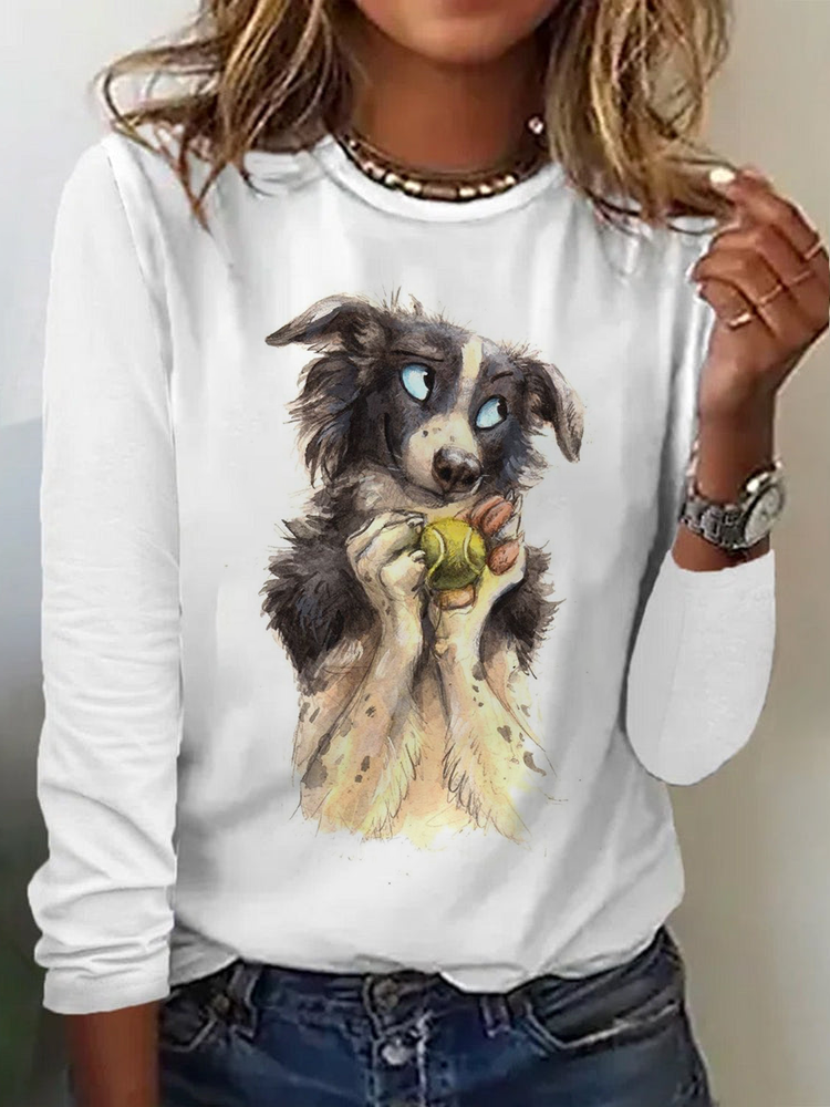 Casual Crew Neck Long Sleeve Dog Fashion Regular T-Shirt