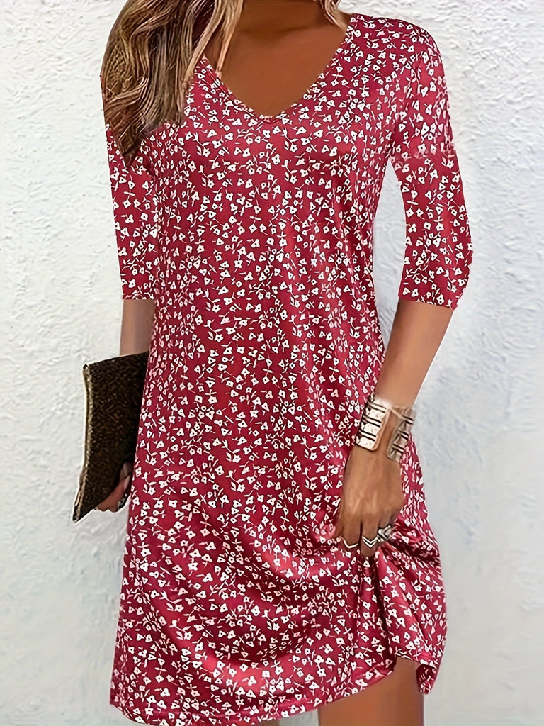 Fashion Half Sleeve V Neck Ditsy Floral Loose Midi Dress