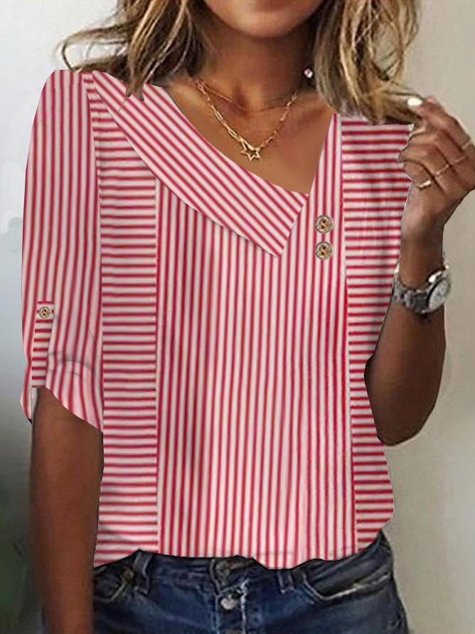 Fashion Long Sleeve Asymmetrical Striped Loose Regular T-Shirt