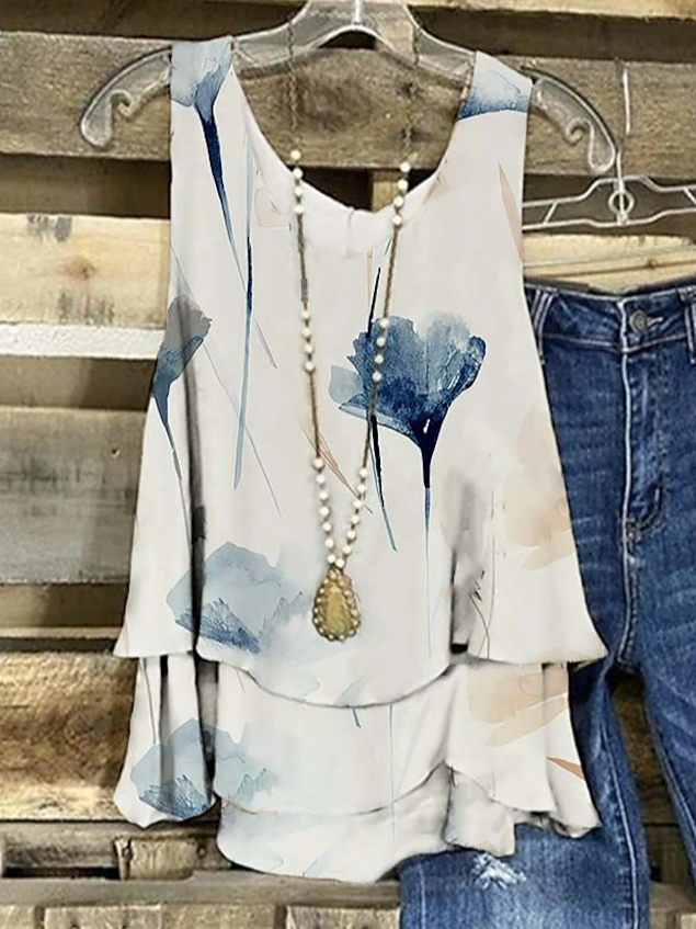 Casual Sleeveless Crew Neck Floral Fashion Regular Tank Top