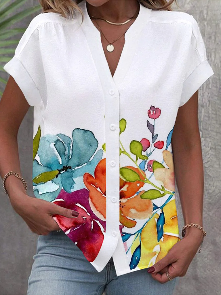 Fashion Short Sleeve Notched Floral Loose Regular Shirt