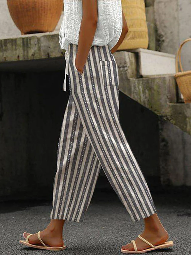 Fashion Striped Pocket Stitching Loose Long Pants