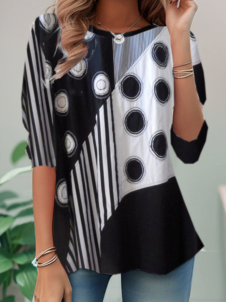 Fashion Crew Neck Long Sleeve Geometric Casual Regular T-Shirt
