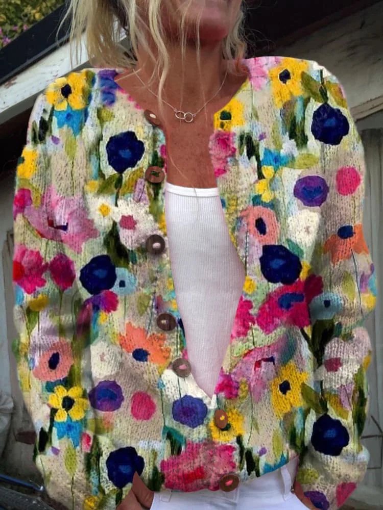 Loose Long Sleeve Floral Fashion Regular Cardigan