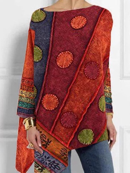 Loose Crew Neck Long Sleeve Ethnic Fashion Mid-Long Blouses