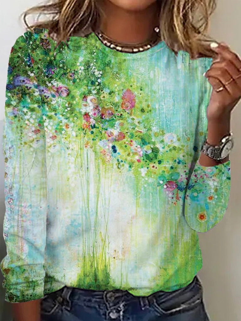 Casual Crew Neck Long Sleeve Floral Fashion Regular T-Shirt