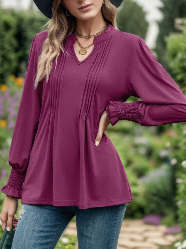 Fashion Long Sleeve Notched Plain Loose Regular Blouse