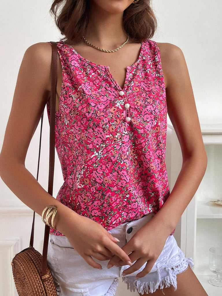 Casual Sleeveless Notched Ditsy Floral Fashion Regular Tank Top