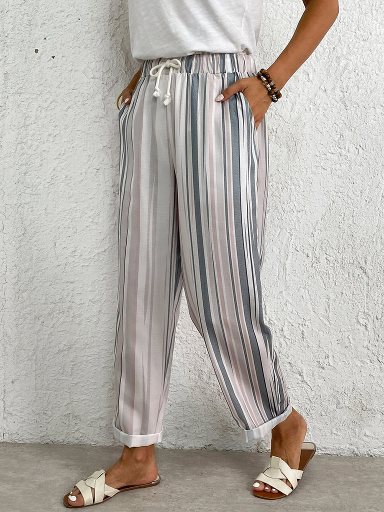 Fashion Striped Pocket Stitching Loose Long Pants