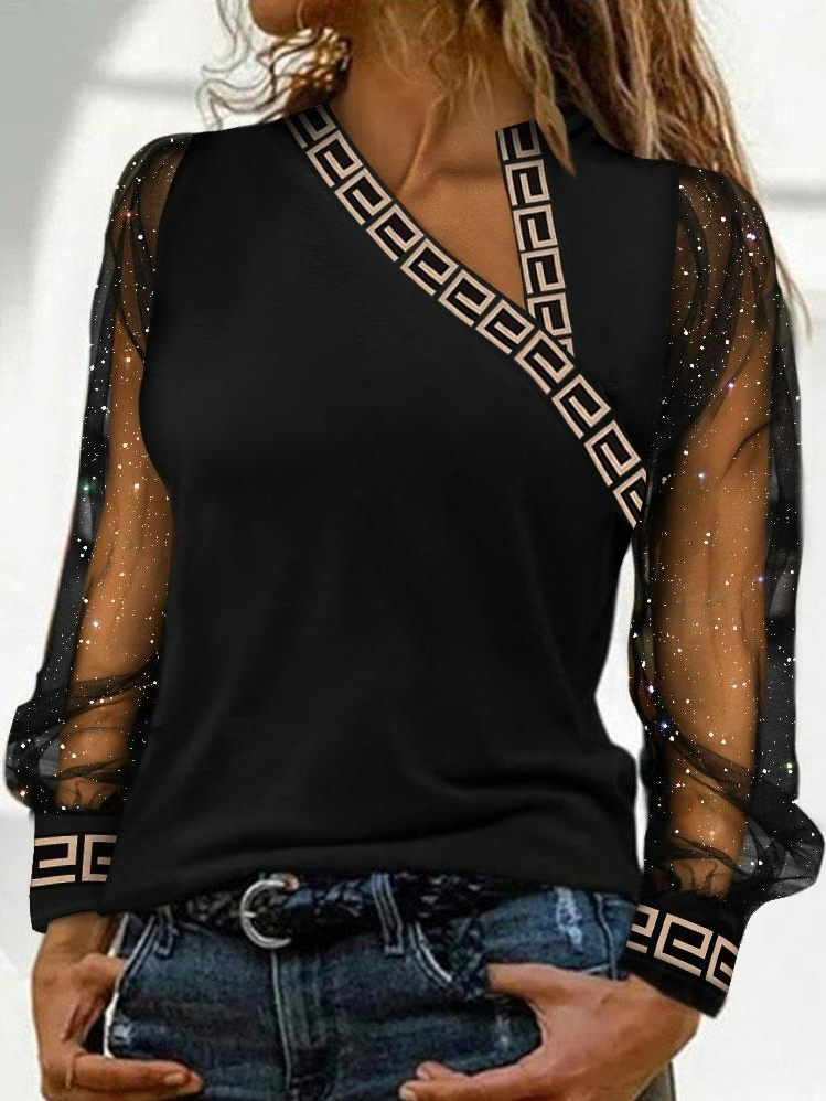 Urban Long Sleeve Notched Abstract Graphic Split Joint Regular Blouse