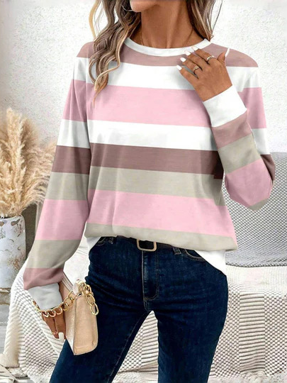 Fashion Crew Neck Long Sleeve Striped Loose Regular T-Shirt