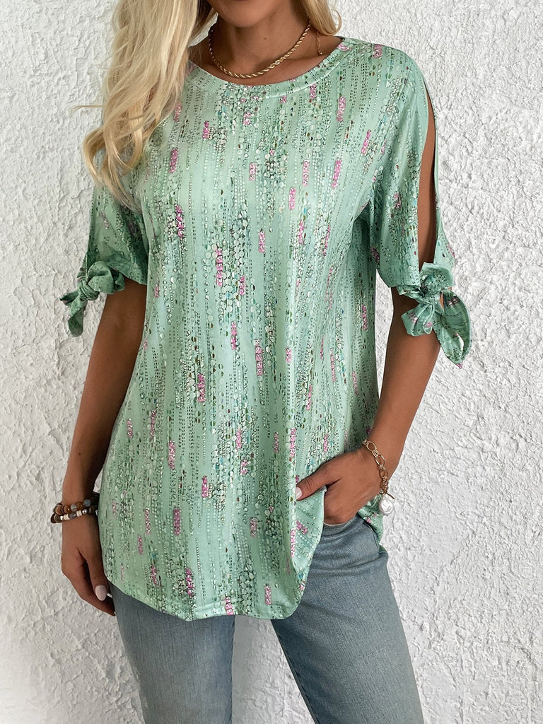 Loose Short Sleeve Crew Neck Floral Lace-Up Vacation Mid-Long Blouses