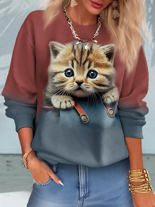 Fashion Crew Neck Long Sleeve Cat Zipper Casual Regular Sweatshirt