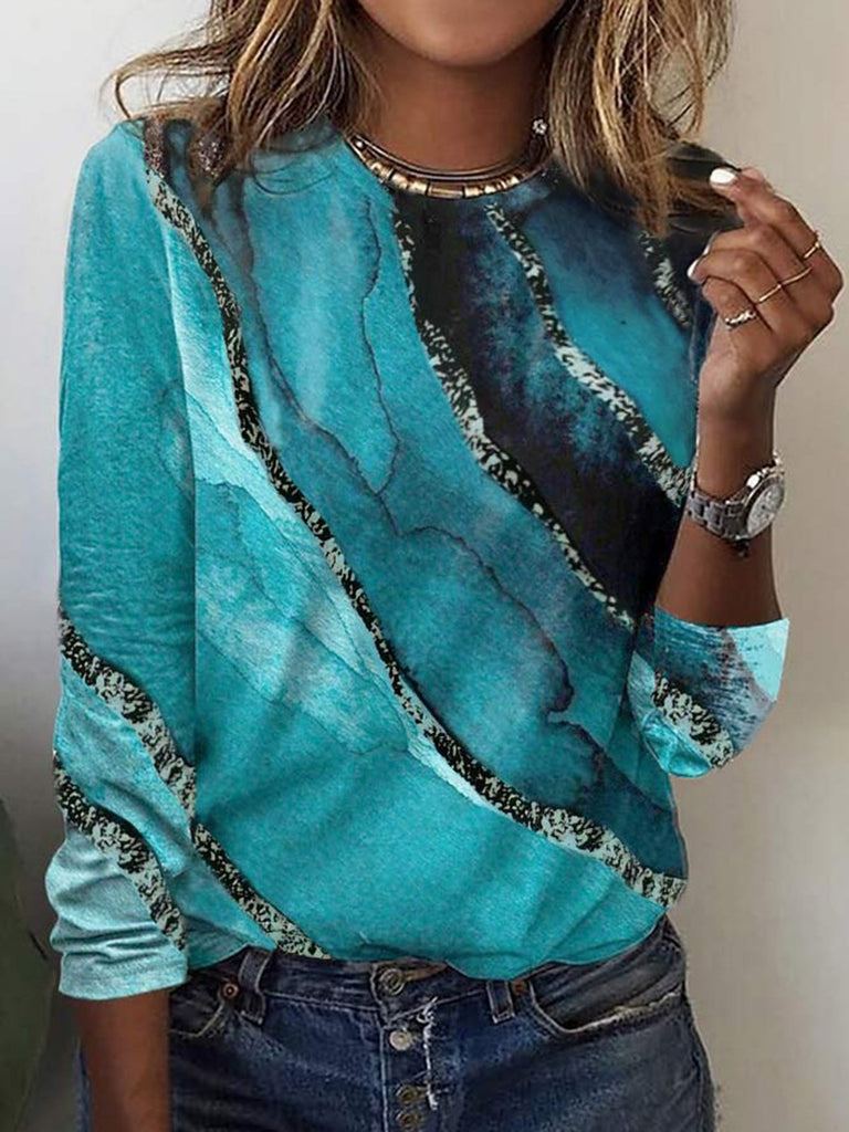 Fashion Crew Neck Long Sleeve Abstract Loose Regular T-Shirt