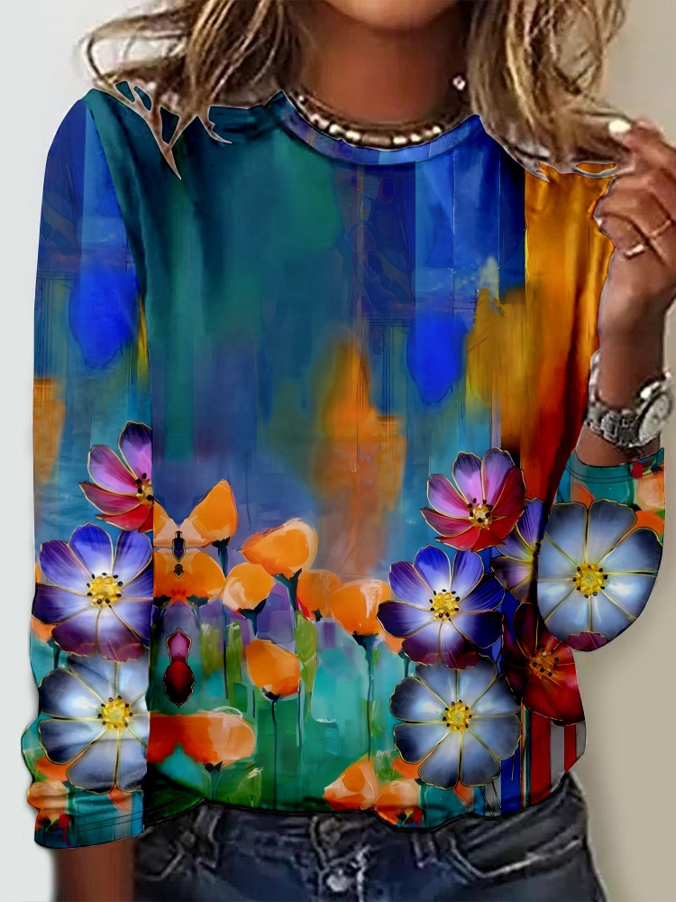 Fashion Crew Neck Long Sleeve Floral Casual Regular T-Shirt