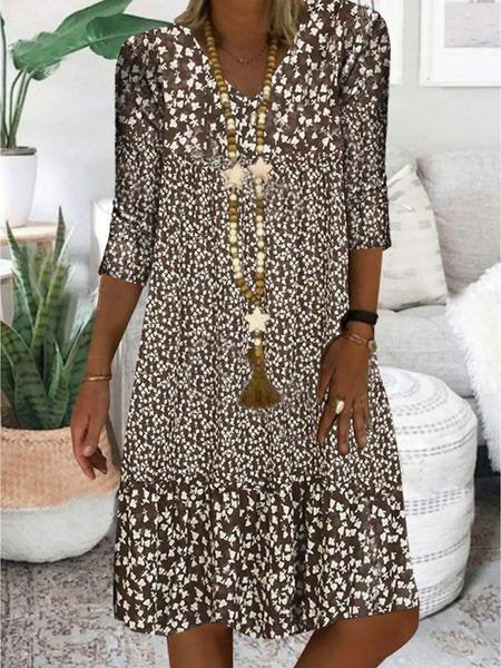 Fashion 3/4 Sleeve V Neck Floral Ethnic Midi Dress