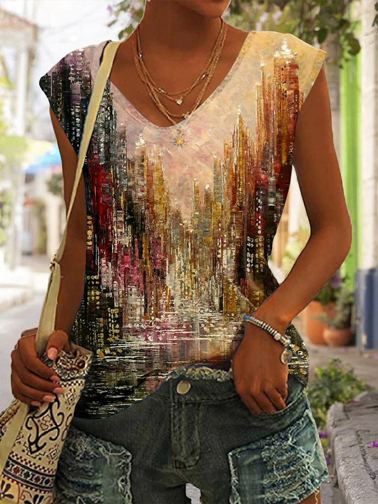 Casual Cap Sleeve V Neck Landscape Print Fashion Regular T-Shirt
