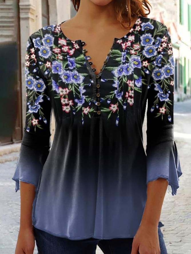 Fashion 3/4 Sleeve V Neck Floral Loose Regular Blouse