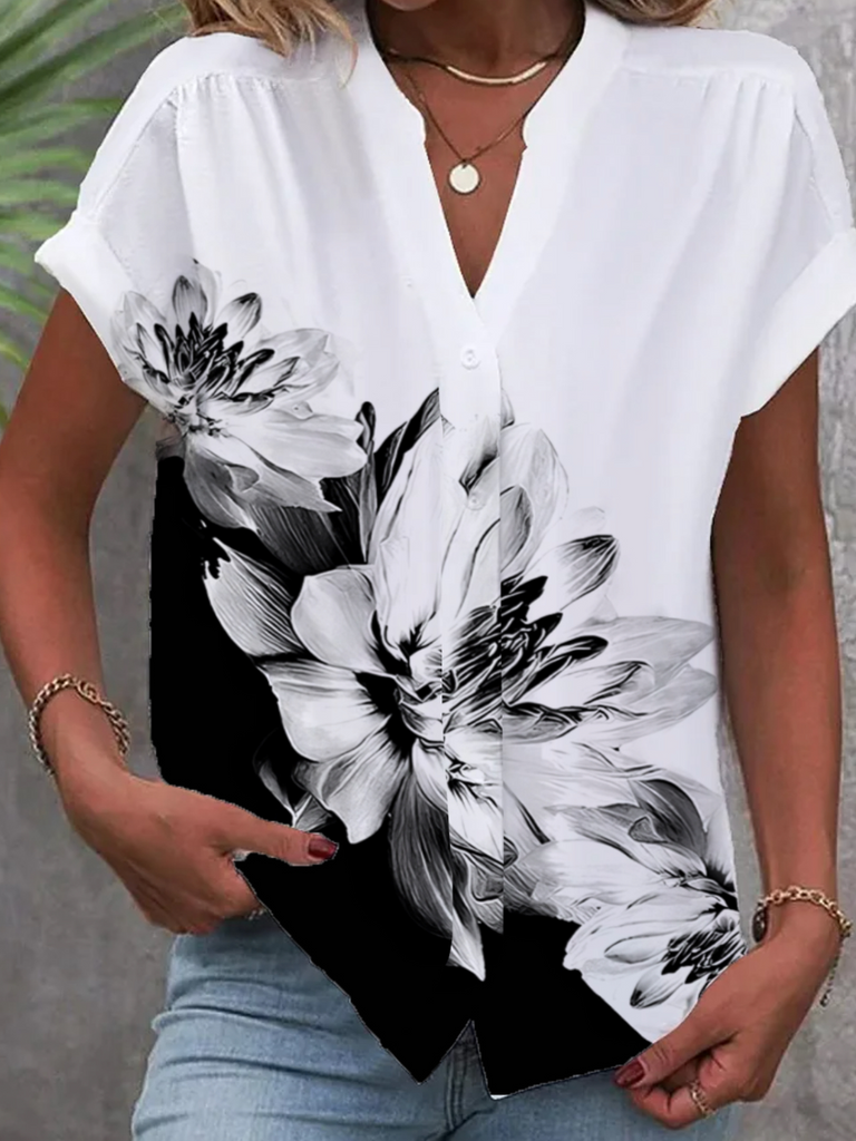 Fashion Short Sleeve Shirt Collar Floral Loose Regular Blouse