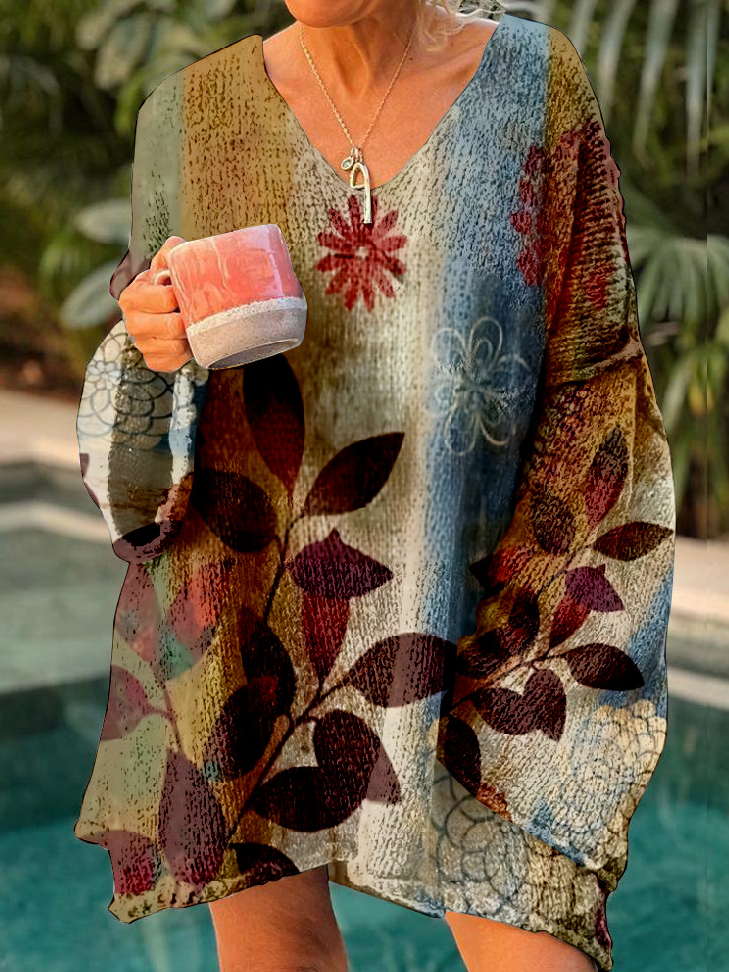 Fashion V Neck Long Sleeve Ethnic Floral Loose Mid-Long Sweatshirt