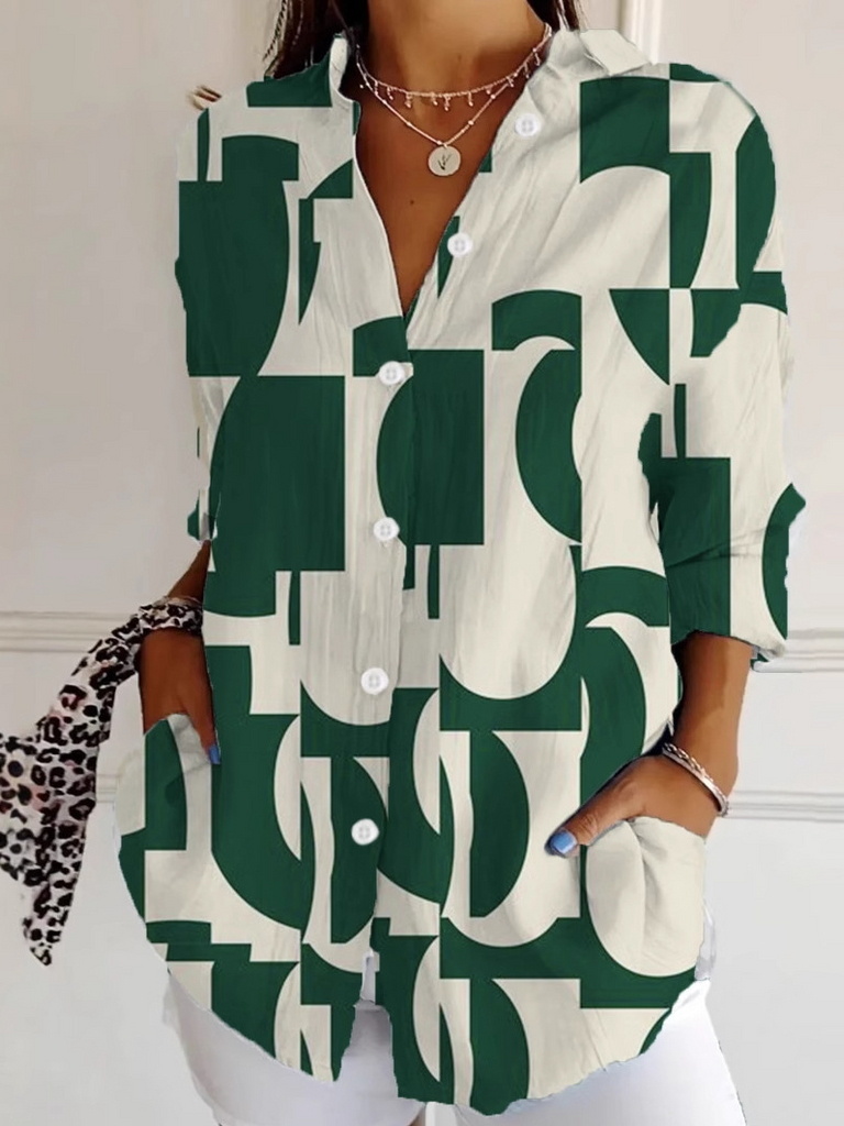 Fashion Long Sleeve Shirt Collar Abstract Loose Regular Shirt