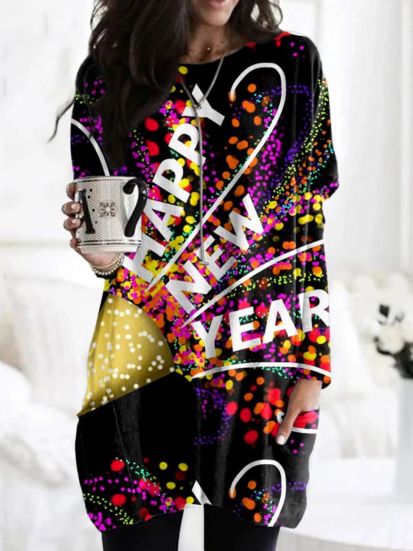 Crew Neck Long Sleeve Geometric Vintage Mid-Long T-Shirt