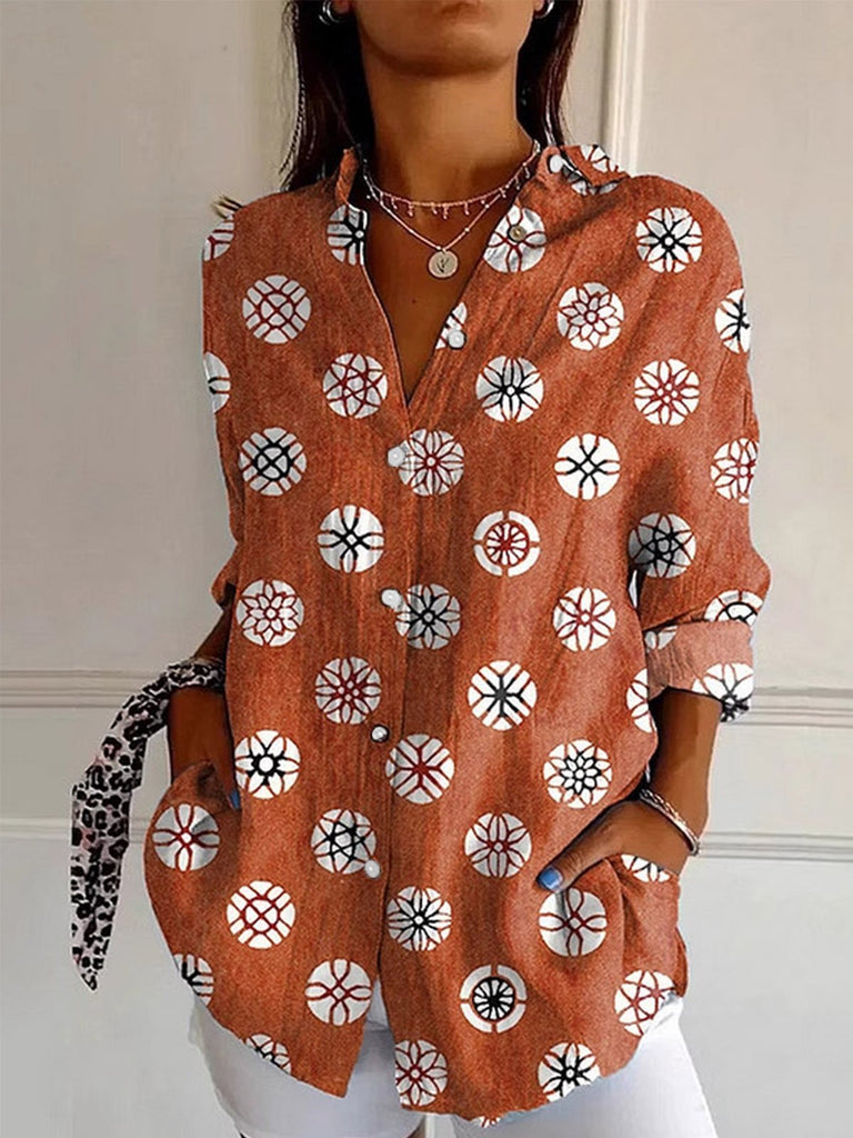 Fashion Long Sleeve Shirt Collar Ethnic Floral Loose Regular Shirt