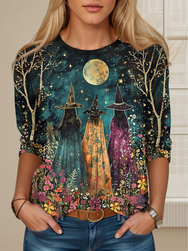Vintage Crew Neck Long Sleeve Halloween Loose Regular Blouse